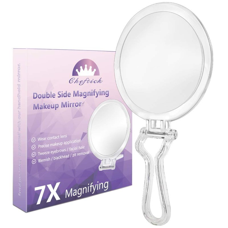 Cheftick Double Sided Hand Held Mirror - 1X & 7X Magnifying Handheld Makeup Mirror with Adjustable Folding Handle, Portable, Transparent & Round (6")