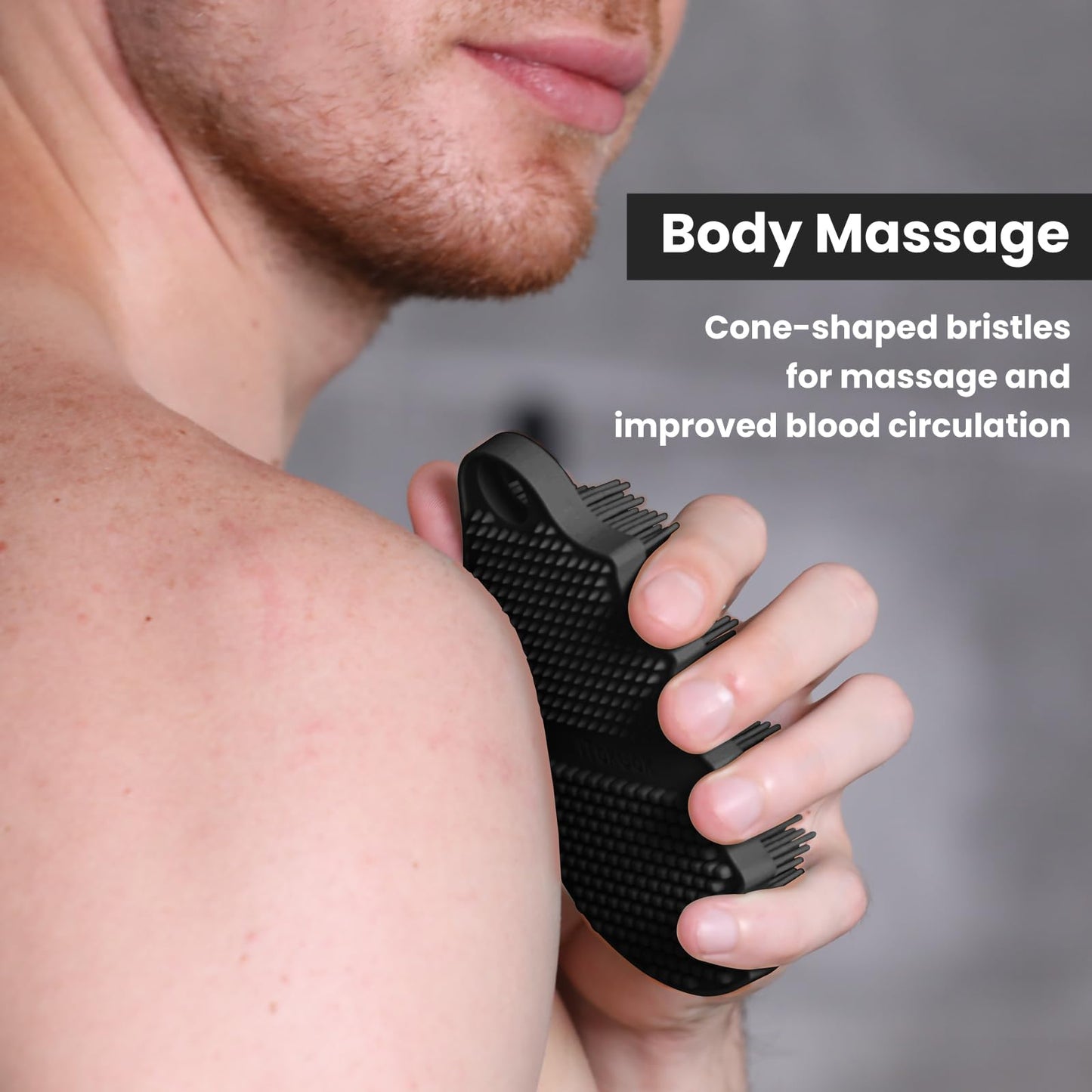 iTokGok Silicone Body Scrubber Silver-Infused Dual-Sided 3-in-1 for Shower, Body Cleaning+Massage+Exfoliator Body Brush Buffer for Men and Women, Silicone Loofah, Non-Slip Handle (Black)