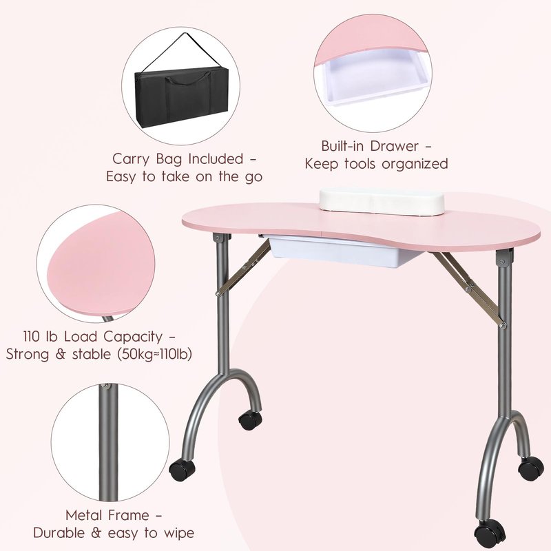 CHAOEEMY Portable Nail Desk,Foldable Manicure Table for Nail Tech,Rolling Nail Tech Desk with Drawer,Travel Bag,Pink