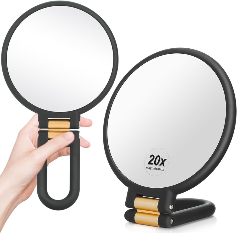 20x Magnifying Travel Mirror - Double-Sided Handheld Makeup Mirror with Foldable Handle | Portable Black Design