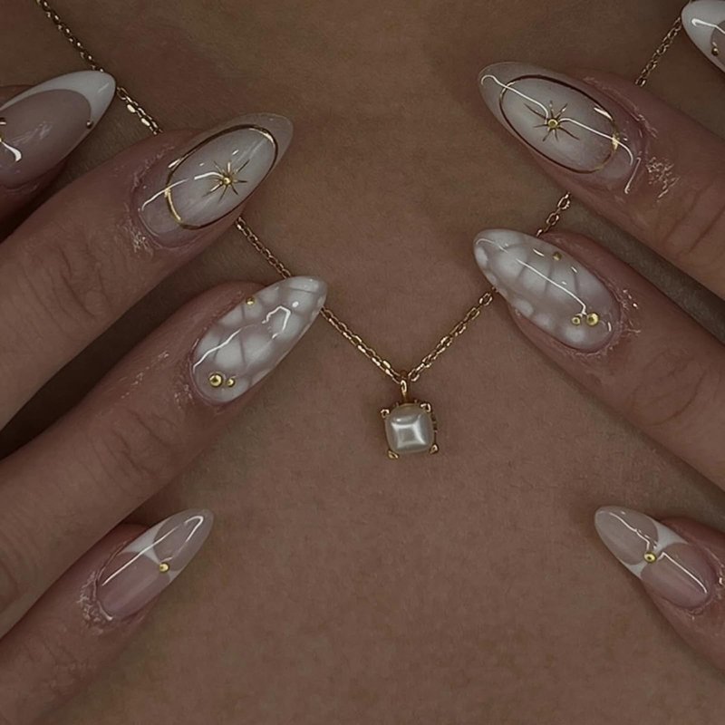 Mivota French Press On Nails Almond Medium, Fall Fake Nails Adorned with White Petal Accents and 3D Gold Lines Design, Glossy Gel Finish Acrylic Nails, Reusable Glue On Nails for Women, 24Pcs