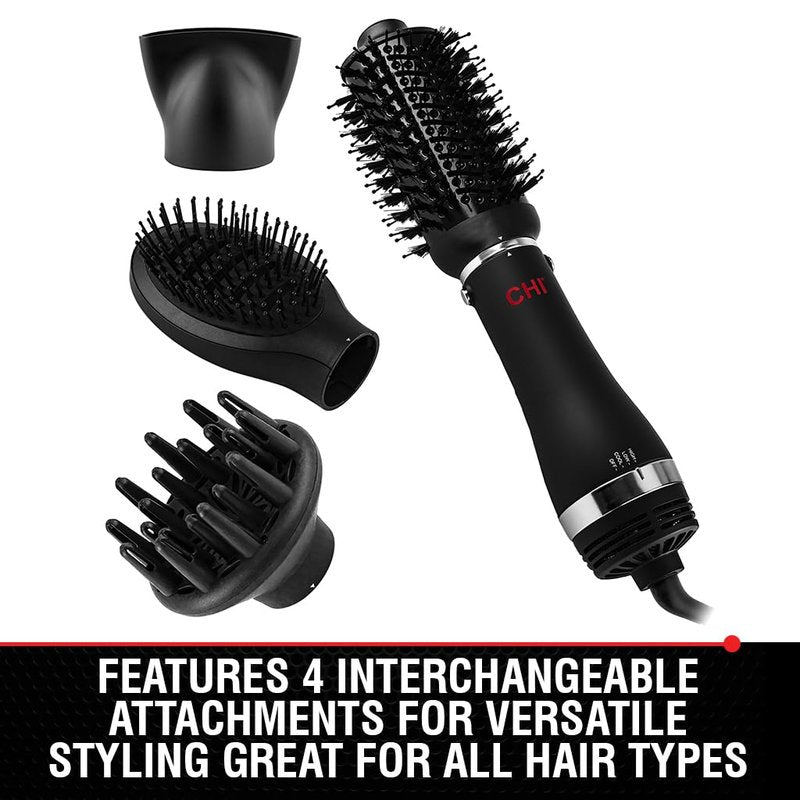 CHI Volumizer 4-in-1 Blowout Brush - Multi-Attachment Ceramic Ionic Hair Dryer, 1000W, Black