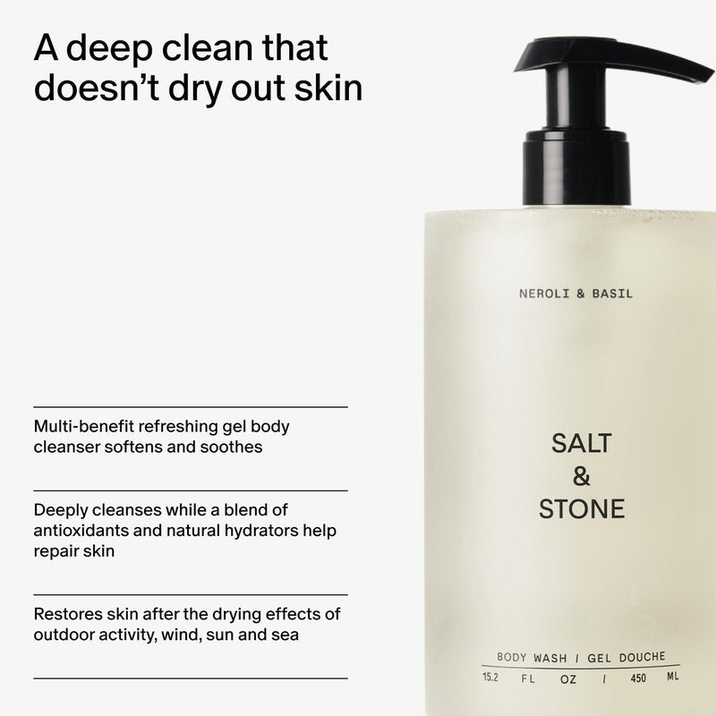 Salt & Stone Body Wash with Antioxidants for Deep Moisture | For Women & Men, Sulfate, Paraben, & Dye Free, Leaving Skin Soft and Hydrated | Neroli & Basil 15.2 fl oz