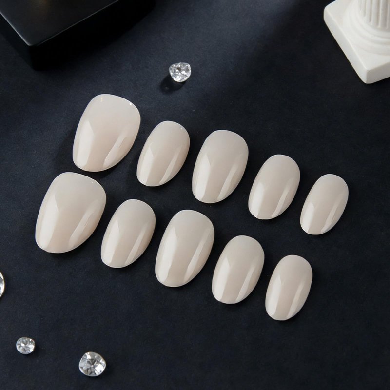 Pearl White Press On Nails Short Almond Fake Nails Glossy Full Cover Solid Color Stick On Nail for Women Manicure 32Pcs