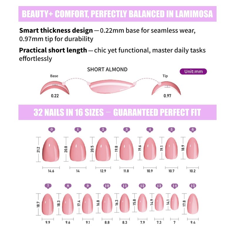 LAMIMOSA 32Pcs French Tip Press on Nails Short Almond - Soft Gel Fake Nails in 16 Sizes, Reusable Semi-Transparent Glue on Nails Kit, BONJOUR!