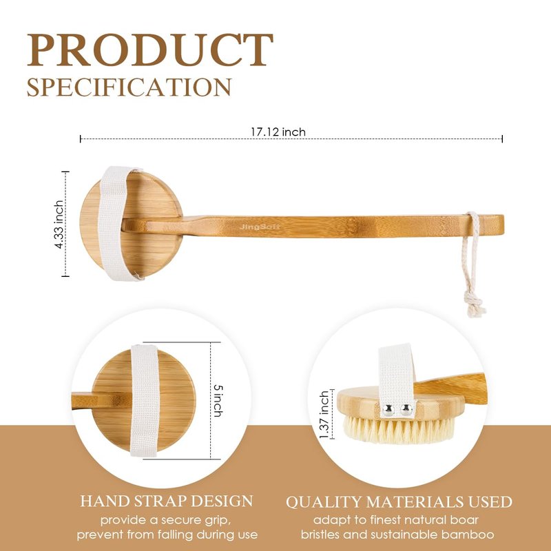 JingSoft Detachable Dry Brushing Body Brush, Natural Boar Bristle Back Scrubber for Shower for Men and Women with Long Handle for Exfoliation and Lymphatic
