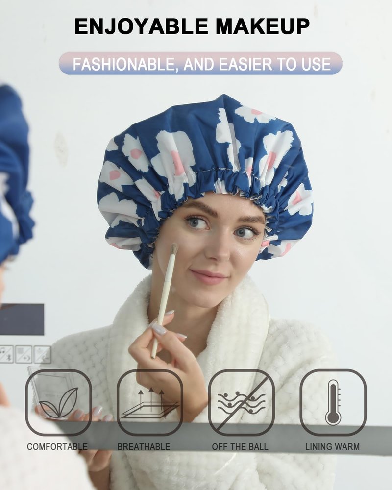 YIZIJIZI Shower Cap - Two Layer Waterproof Large Shower Cap for Women, Reusable Shower Caps for Long Thick Hair, Adjustable for Double Layer Adjustable Soft Bath Shower Caps (Blue)