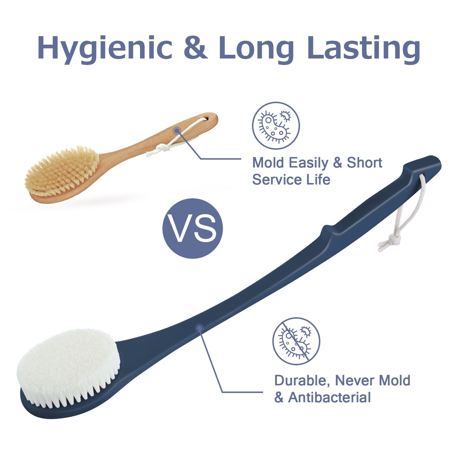 Body Back Scrubber – 17'' Long Handle Shower Brush, Durable Exfoliator for Dry & Wet Use, Deep Cleansing & Gentle Exfoliation for Smooth Skin – for Men, Women & Elderly (Navy Blue)