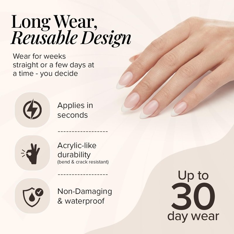 Reusable Pop-On Manicures - French Tip Press On Nails | Short Almond, Salon Quality, 30 PK, 15 Sizes