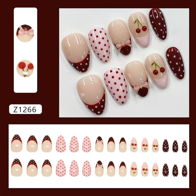 Skiennix 24Pcs Polka Dot Cherry Press-On Nails - Medium Almond Shape, Glossy Red Pink Tips, Reusable Acrylic for Women