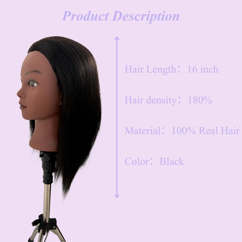 16" Black Mannequin Head with 100% Real Hair, Cosmetology Doll Training Mannequin Head for Hair Styling, Braiding Mannequin Head with Stand