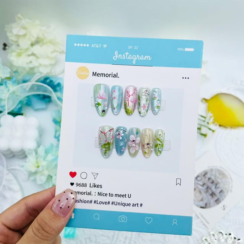 Floral Press-On Nails - Handmade Almond Shape with Pearls & Rhinestones | Glossy Reusable 24-Pcs Set for Daily Wear