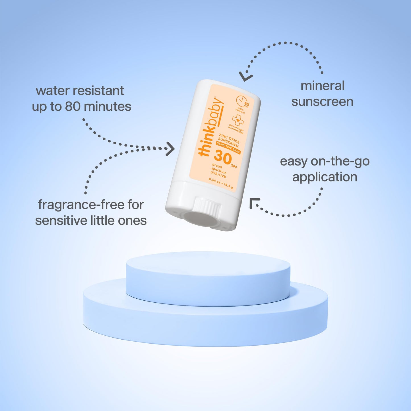 Thinkbaby SPF 30 Kids Sunscreen Stick for Sensitive Skin, 0.64 oz, Baby Sunscreen with Non-Nano Zinc Oxide 24%, Broad Spectrum UVA/UVB Protection, 80-Minute Water Resistant, Reef Friendly SPF Stick