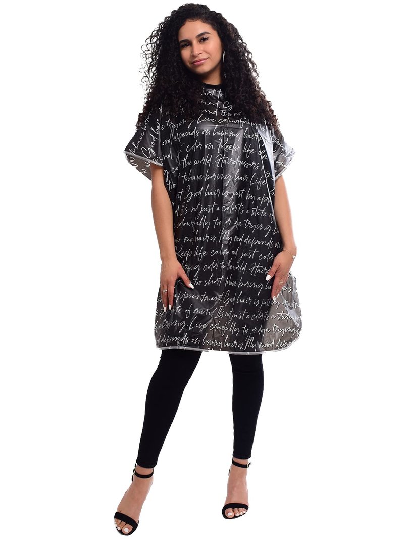Betty Dain Hair Stylist Shampoo Cape, Waterproof & Stain Resistant Vinyl, Soft Nylon Neckband, Durable & Reusable Client Cover, Touch-and-close Fastener, 36 x 54 inches, Secret Messages - Black