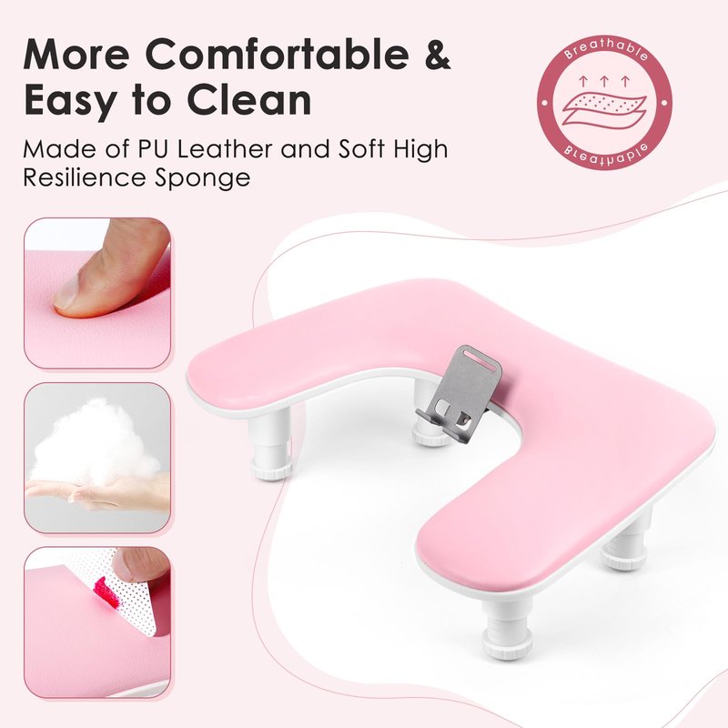 LIONVISON Arm Rest for Nails Tech: U Shaped Adjustable Height Ergonomic Nail Hand Rest Stand PU Leather with Rotating Phone Holder for Nail Salon Manicurist (Pink)
