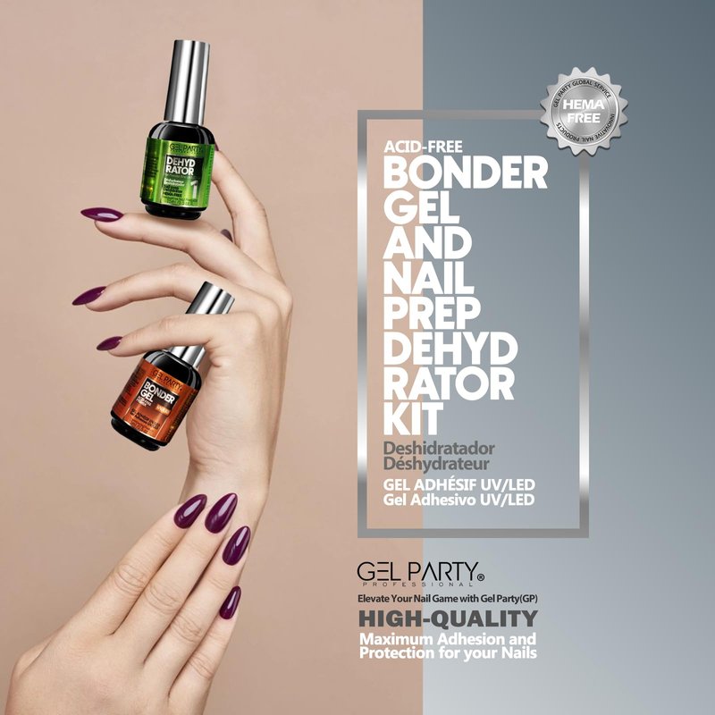 GELPARTY Nail Prep Kit 2x15ml – HEMA-Free Dehydrator & Acid-Free Primer Set for Acrylic, Gel, UV/LED & Press-On Nails – Strong Adhesion, No Burn, Fast-Dry Bonding Agent for Professional & DIY Use