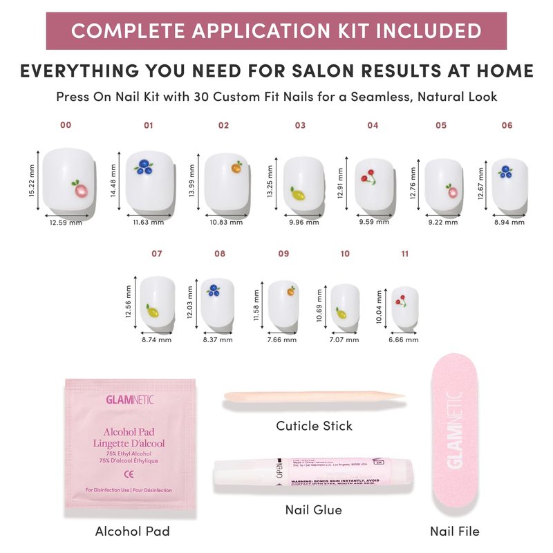 Glamnetic Press On Nails - White Extra Short 3D Fruit Design | Salon Quality Summer Nails | 12 Sizes - 30 Nail Kit with Glue