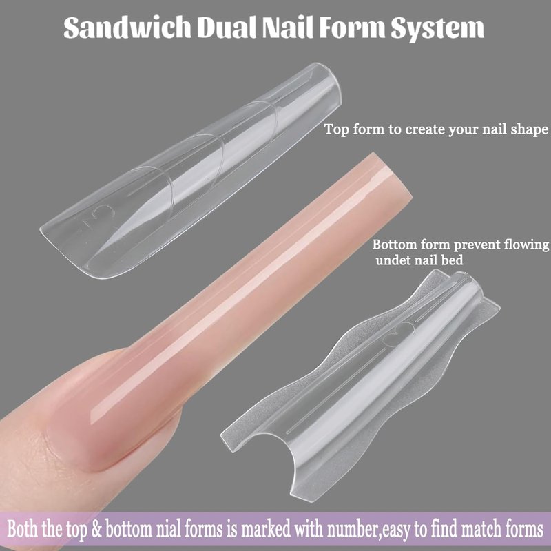 Fcozpjk Builder Gel Nail Kit, 2PCS 15ML Clear Nude Pink Hard Gels with 180PCS Coffin Sandwich Dual Nail Forms Brush Pen Files Nails Extension Tool Set Construction Strengthener Manicure Supplies