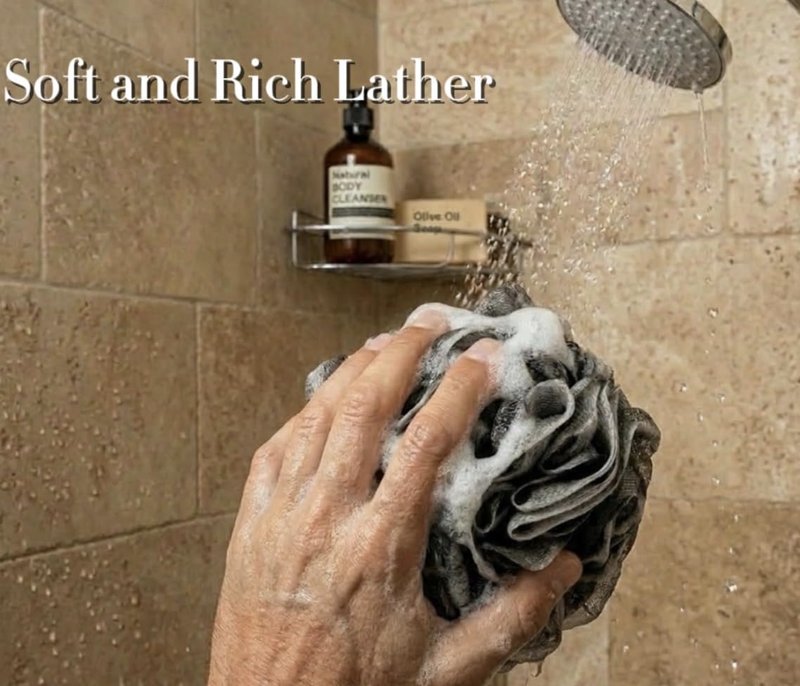 Charcoal Shower Loofah 60g - Extra Soft Bath Sponge with Hanging Ribbon, Durable Mesh Body Scrubber for Men & Women