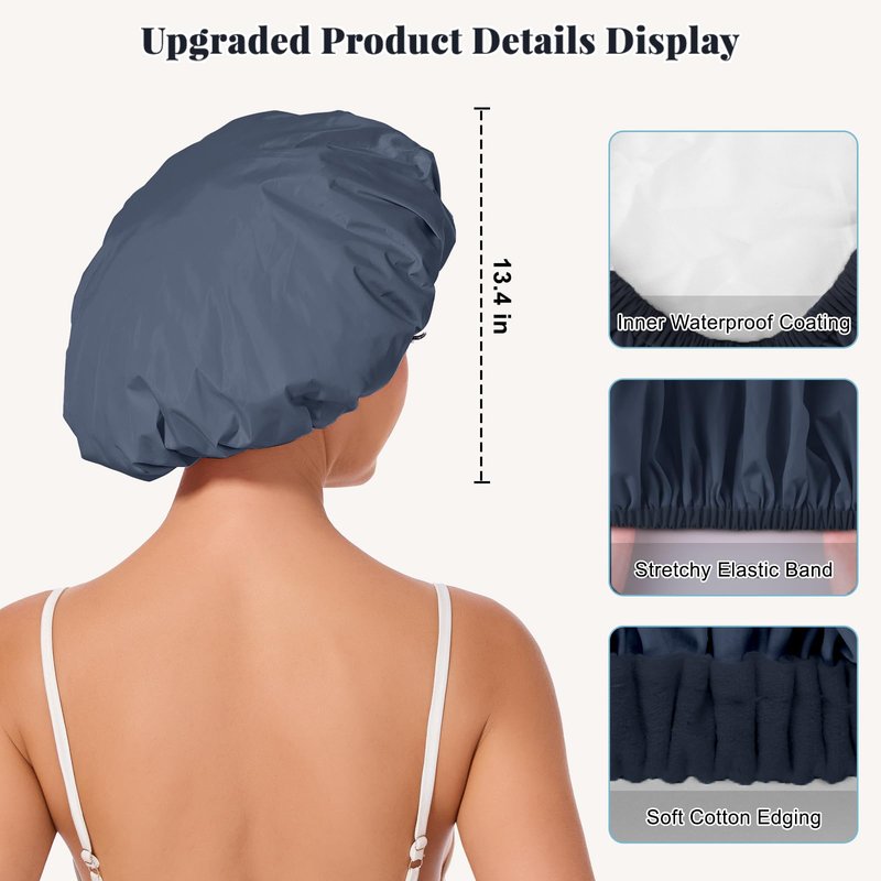Shower Cap for Women Waterproof Reusable, Large Shower Cap Non-Slip with Elastic Band, Washable Bath Hair Hat for Long Hair, Braids (Navy Blue)