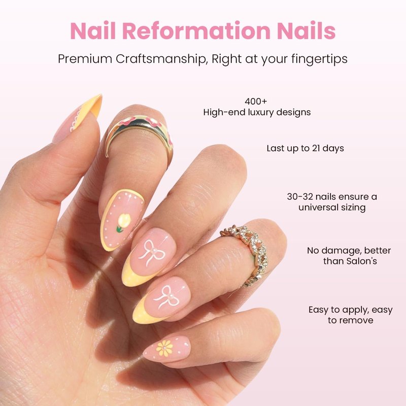 Nail Reformation Press On Nails, Lemon Tart | Soft Pink Short Almond Fake Nails with Wavy Yellow French Tips, White Bows & 3D Jewels, Reusable Stick On Nails Kit - 32 Pcs in 16 Sizes, Gifts for Women