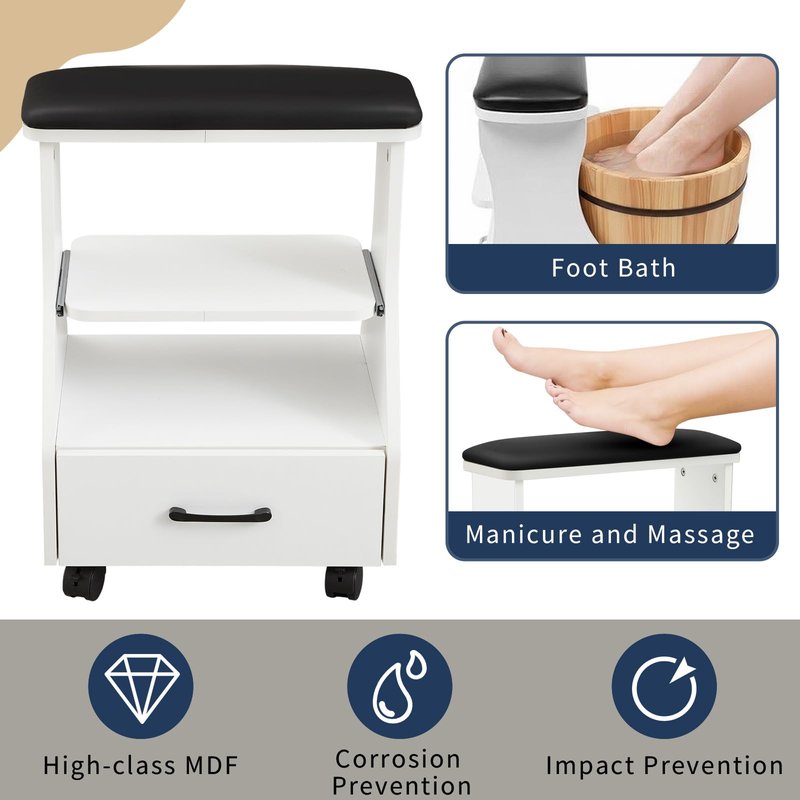 Geelin Portable Pedicure Foot Rest Stool with 4 Locking Wheel, Mobile Foot Bath Spa Trolley Cart for Nail Techs & Home Salon, Comfortable Footrest, Black