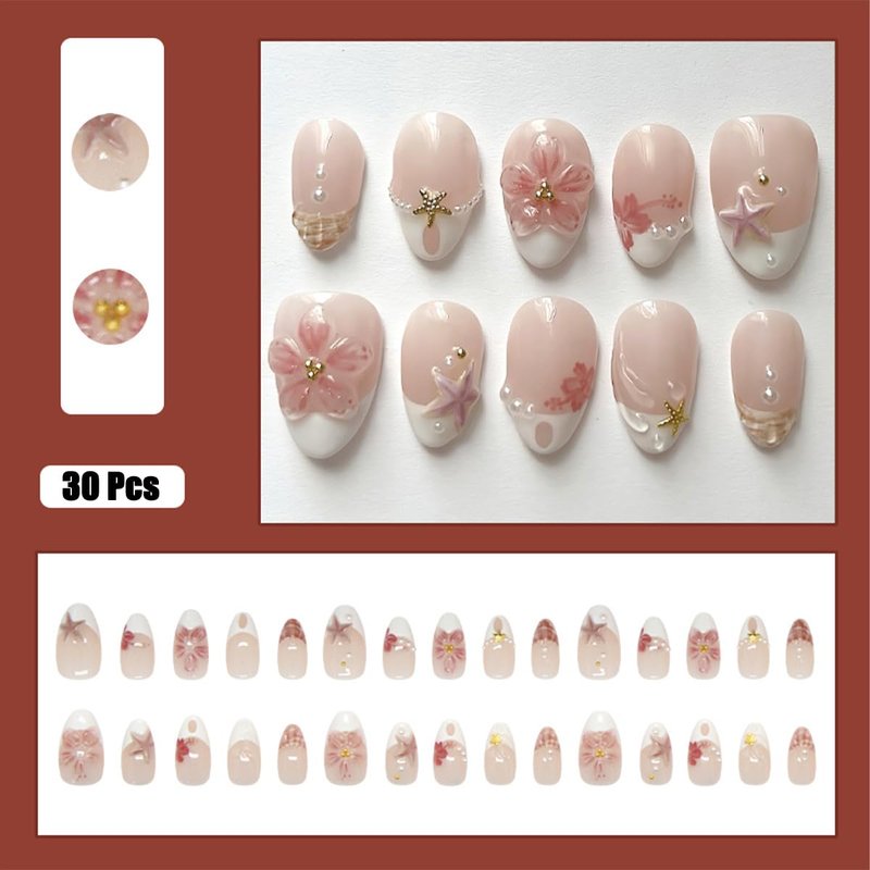 30Pcs Summer Beach Short Almond Press On Nails Pink Floral Starfish French Tips Fake Nails with 3D Flower & Pearl Decor Cute Handmade Acrylic Nails Glossy Reusable False Nails for Women Vacation Nail