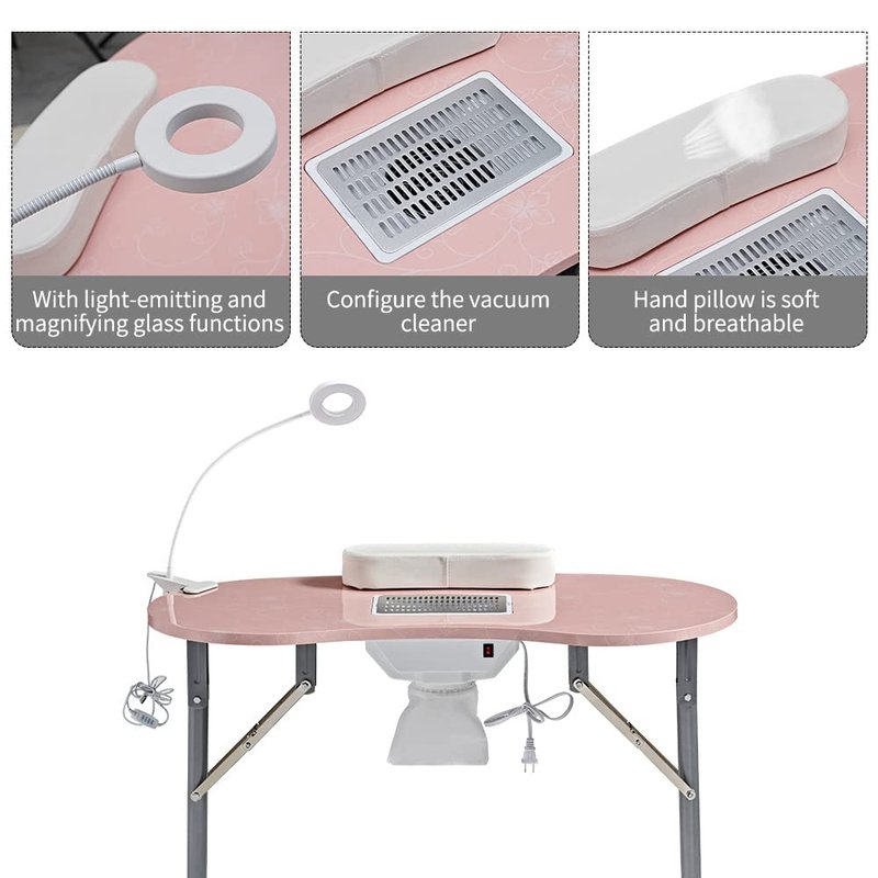 CHAOEEMY Nail Desk Portable Manicure Table, Professional Nail Table with USB-plug LED Table Lamp, Sponge Pillow, Electric Dust Collector, Carrying Bag，Pink