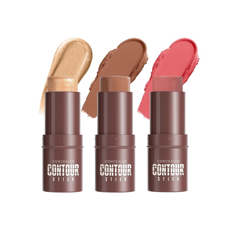 Skiennix Cream Contour Stick Set - 3 Pcs with Highlighter, Blush & Bronzer | Lightweight, Long-Lasting Finish in Light Medium