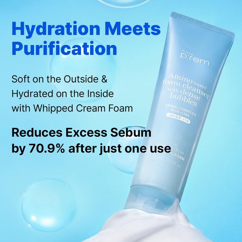 MAKE P:REM Safe Me. Amino Refresh Cleansing Foam, Korean Face Wash, Instant Deep Pore Cleansing, Gentle Exfoliation with BHA & LHA, Korean Skin Care, 5.07 Fl Oz, 150ml