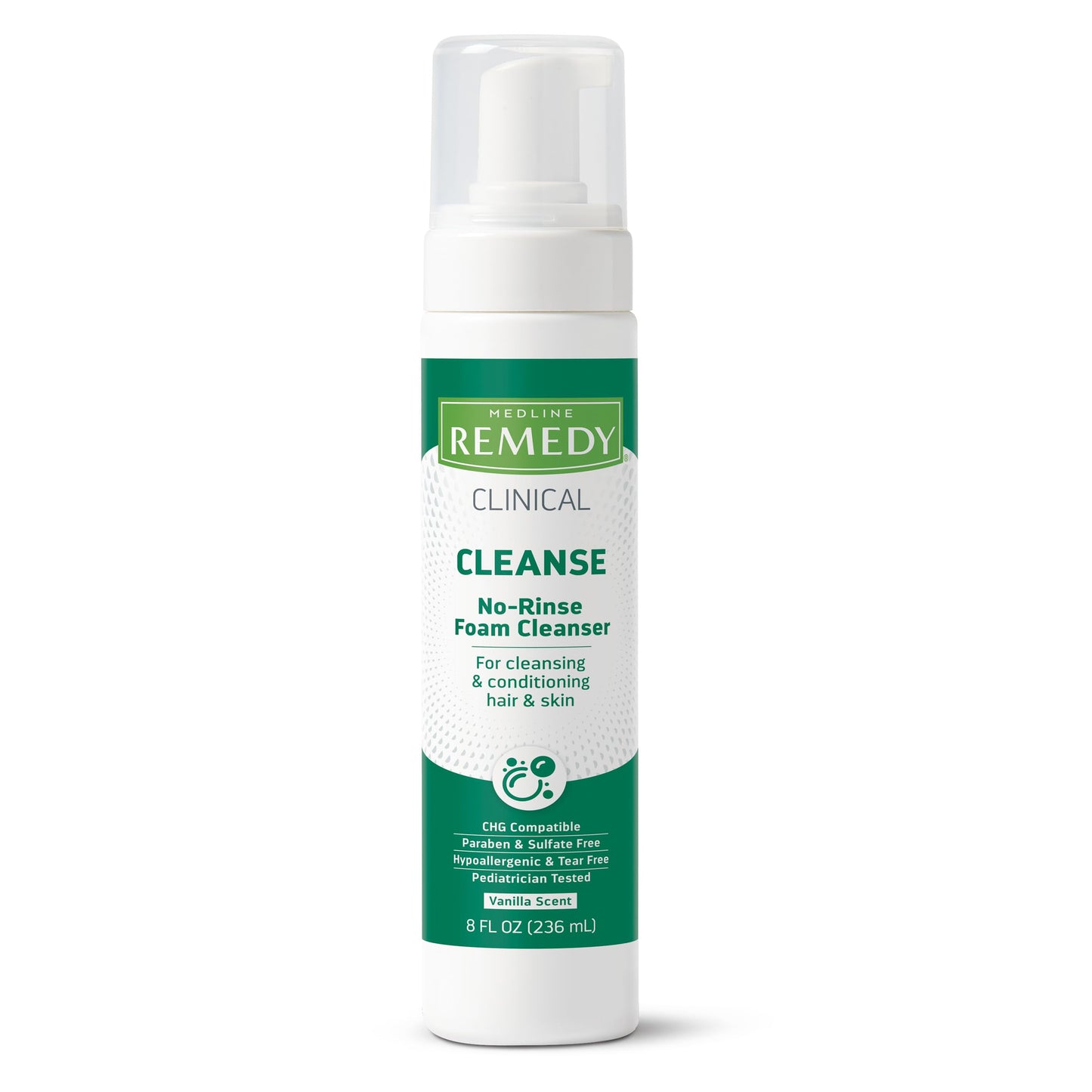 Medline Remedy Clinical No-Rinse Foam Cleanser, Vanilla Scent (8 fl oz), No Rinse Shampoo and Body Cleanser for Sensitive Skin, Hydrating, Paraben and Sulfate Free, For Face, Body, and Hair, All Ages