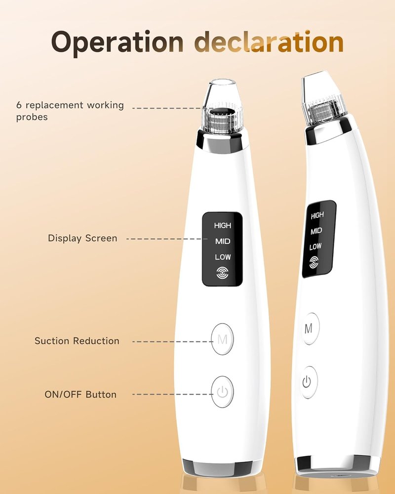 Blackhead Remover Vacuum - Type-C Rechargeable Pore Cleaner with 3 Suction Levels & 6 Probes | Face & Nose Comedone Extractor Tool (White)