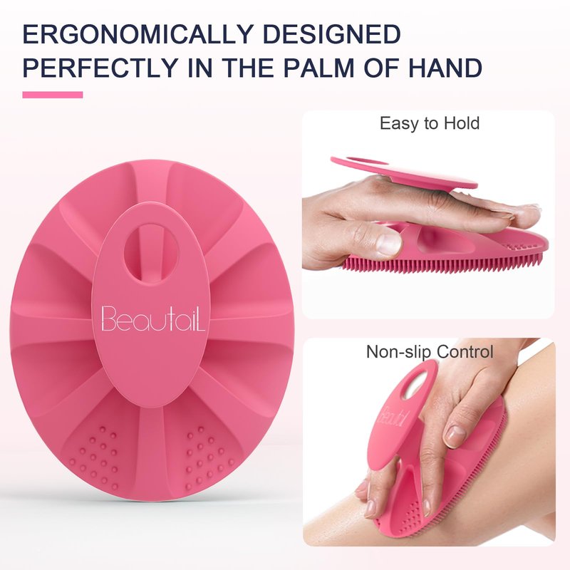 BEAUTAIL Silicone Body Scrubber Shower Bath Wash Brush Gentle Exfoliating Scrub Cleansing Loofah for Women Men Baby Sensitive Skin, Easy to Clean, Lather Nicely, More Hygienic, 1 Pack, Pink