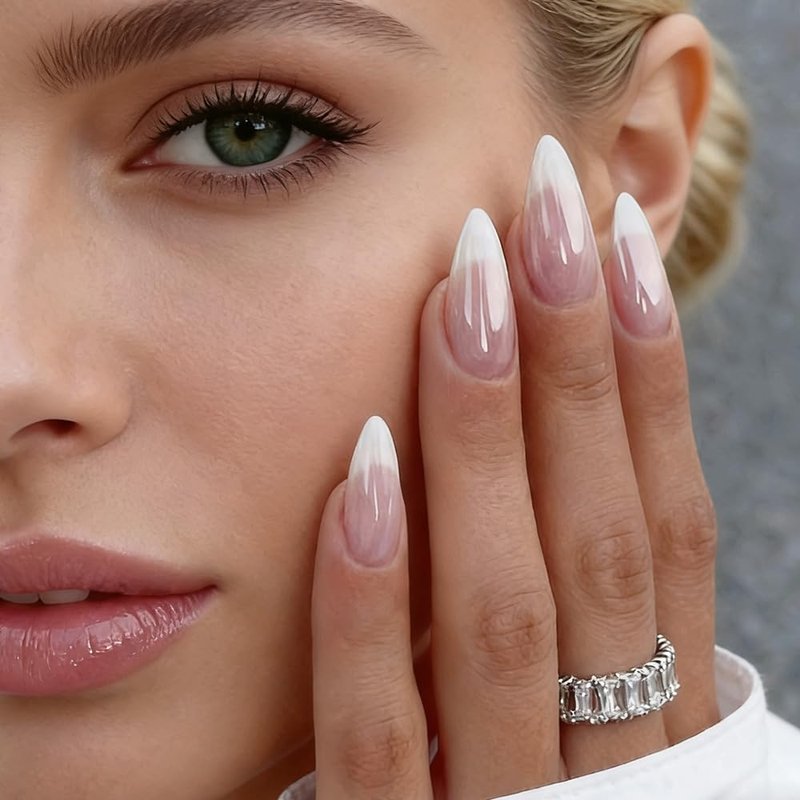 Almond Press On Nails - French Tip Fake Nails with Chrome Design | Medium 24 Pcs for Women