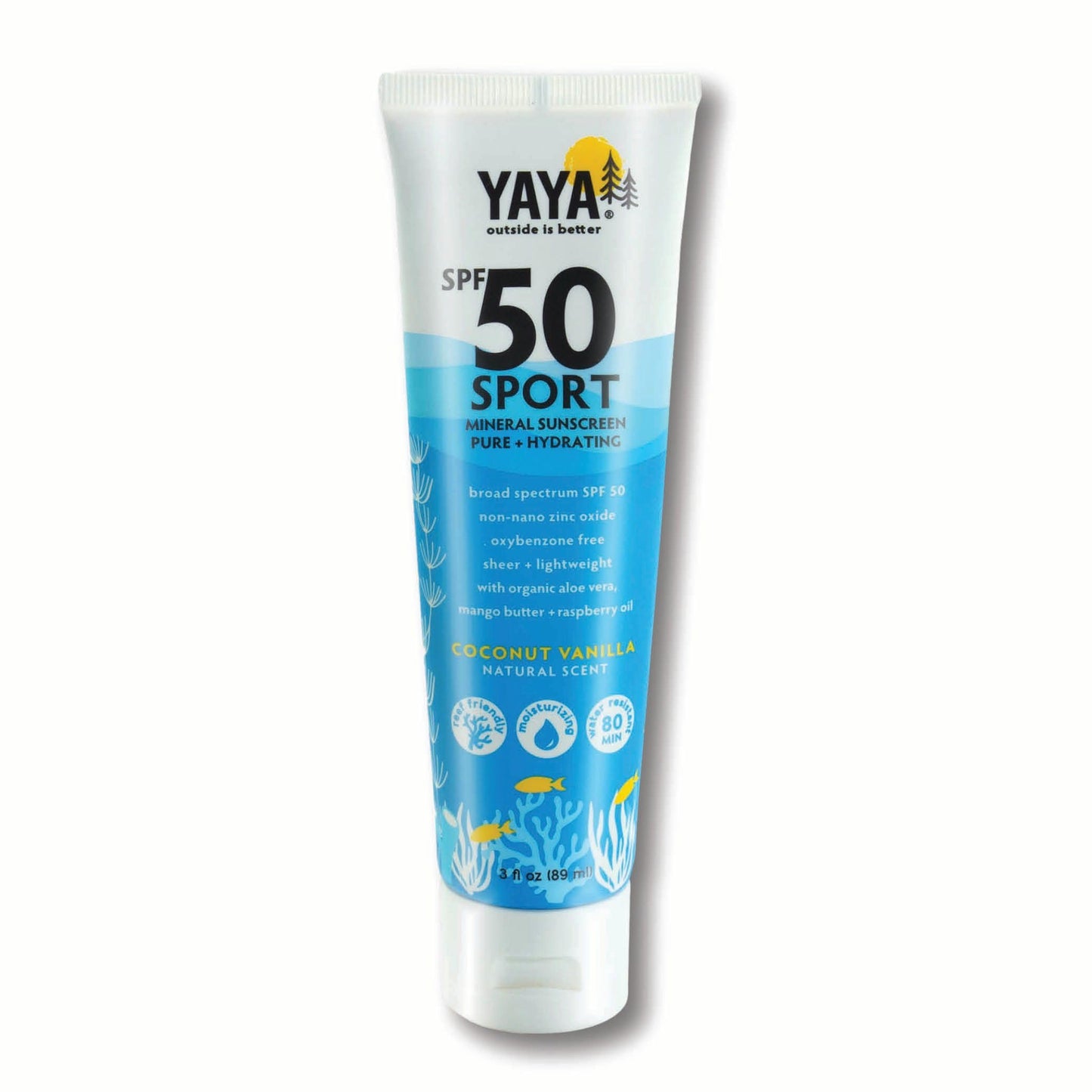YAYA ORGANICS Sport Mineral Sunscreen Lotion, SPF 50, Reef-Friendly, Non-Nano Zinc Oxide, Water-Resistant, Pure + Hydrating, 3 oz