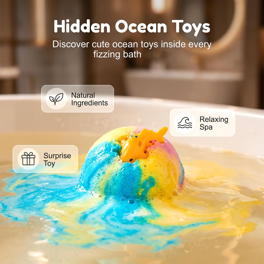 2026 New Ocean Toy Bath Salt Ball Sleeve Box Bath Bombs, Upgraded Bath Bombs with Surprise Inside, Easter Basket Stuffers Easter Egg Fillers (Sea Animal 12Pcs)