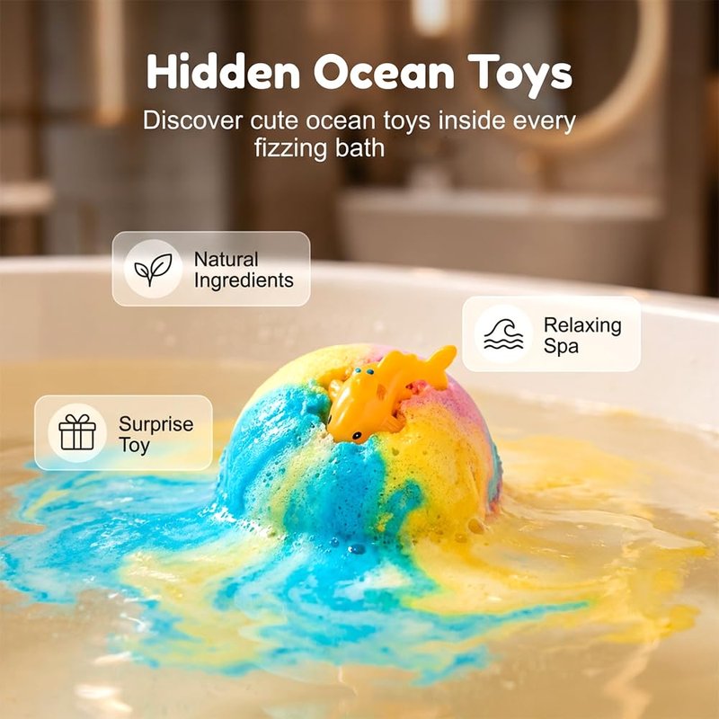 Ocean Toy Bath Salt Ball Sleeve Box Bath Bombs, Bath Bombs with Surprise Inside, 12-Pack Upgrade Easter Gifts Bubble Easter Basket Stuffers Easter Egg Fillers (Sea Animal 12Pcs)