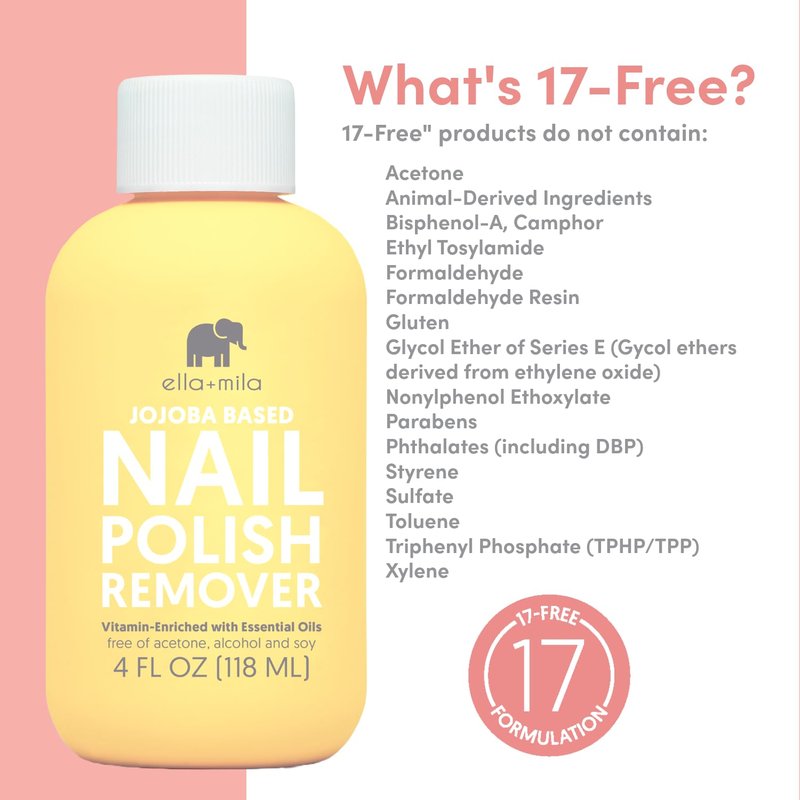 ella+mila Jojoba Nail Polish Remover - Non-Acetone, Non-Toxic Fingernail Polish Remover for Natural Nails - Vegan, Gentle Formula with Jojoba Oil & Vitamins A, C, E (4 fl oz)