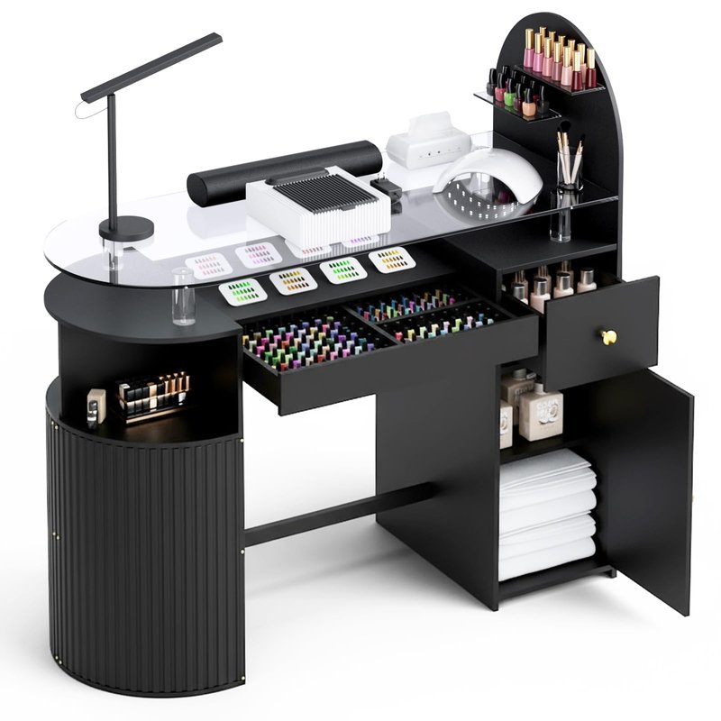 HolaiNail Manicure Table with Dust Collector, Professional Nail Tech Desk with Tempered Glass Top, Storage Cabinet & Drawer, Acetone Resistant, for Nail Beauty Salon Workstation(Black)
