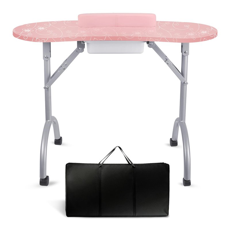 Senrob Portable Foldable Nail Desk for Nail Techs Manicure Table with Drawer & Wrist Rest, Wheeled Nail Tech Workstation (Pink)