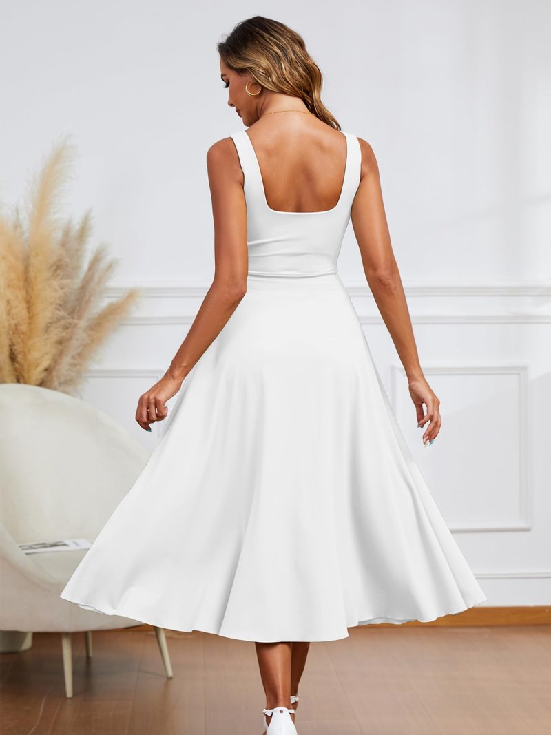 Kaximil Women's Square Neck Sleeveless A Line Maxi Dress Smocked Ruffle Flowy Casual Long Dresses, Large, White
