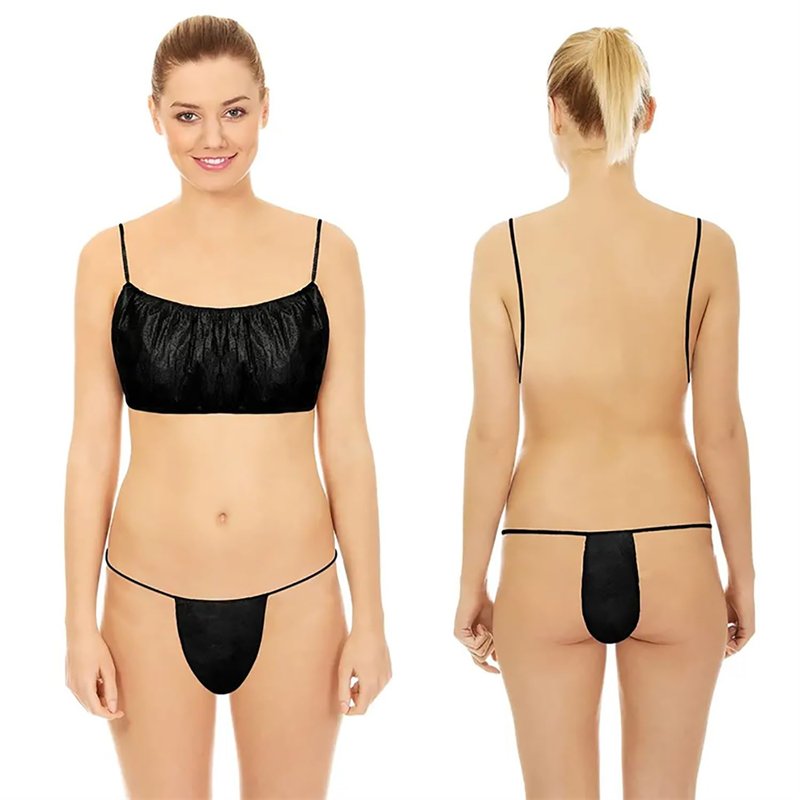 FRASTORDER 50 Pairs (100 Pcs) Disposable Bra and Underwear Set - Black Disposable Thongs & Bras for Spa, Spray Tan, Massage & Waxing - Non-Woven Breathable Salon & Travel Supplies