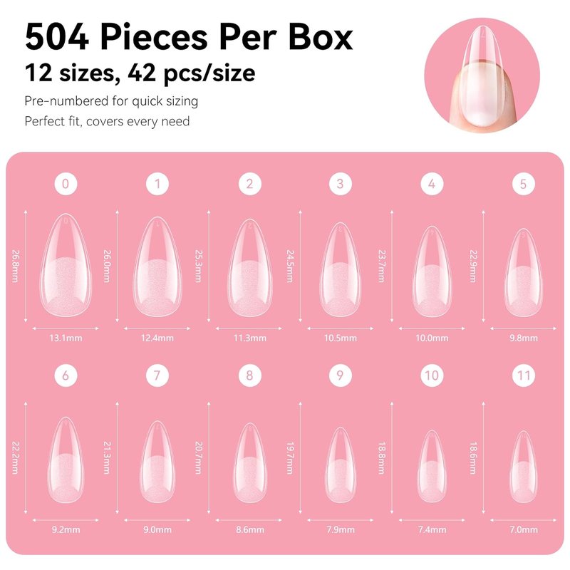 Almond Nail Tips - 500pcs Medium Pre-Buffed Full Cover Clear Press-On Nails | 10 Sizes for DIY Nail Art