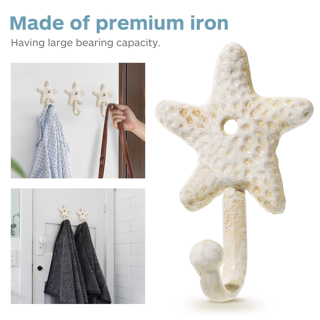 TOPBATHY 3pcs Decorative Hooks for Hanging, Cast Iron Star Fish Beach Themed Wall Hooks, Retro Coastal Wall Hanger Towel Holder for Bathrooms Kitchen Bedroom Hotel Pool Coats