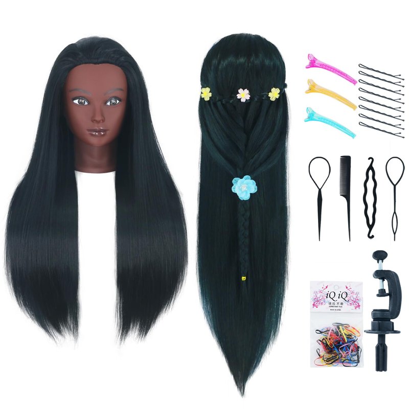 Gemiei Mannequin Head with Hair 26"-28'' Doll Head for Hair Styling Manikin Practice Cosmetology Training Braiding Heads With Clamp Holder and Styling Tools (Black)