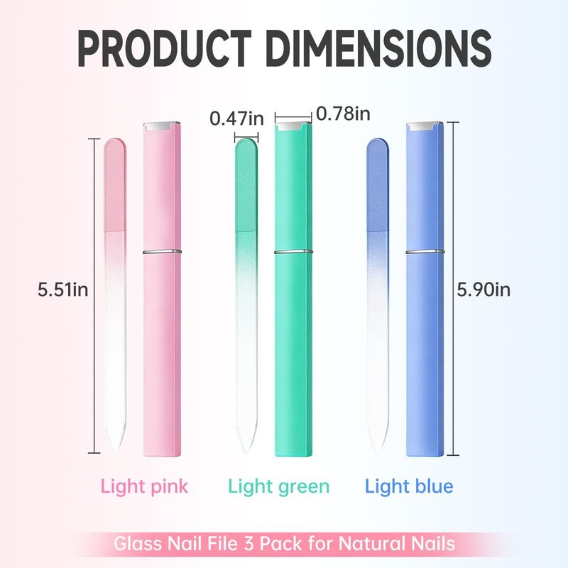 Skiennix Czech Glass Nail File Set - 3PCS Double-Sided Files with Cases for Professional Manicure (Light Green, Blue, Pink)