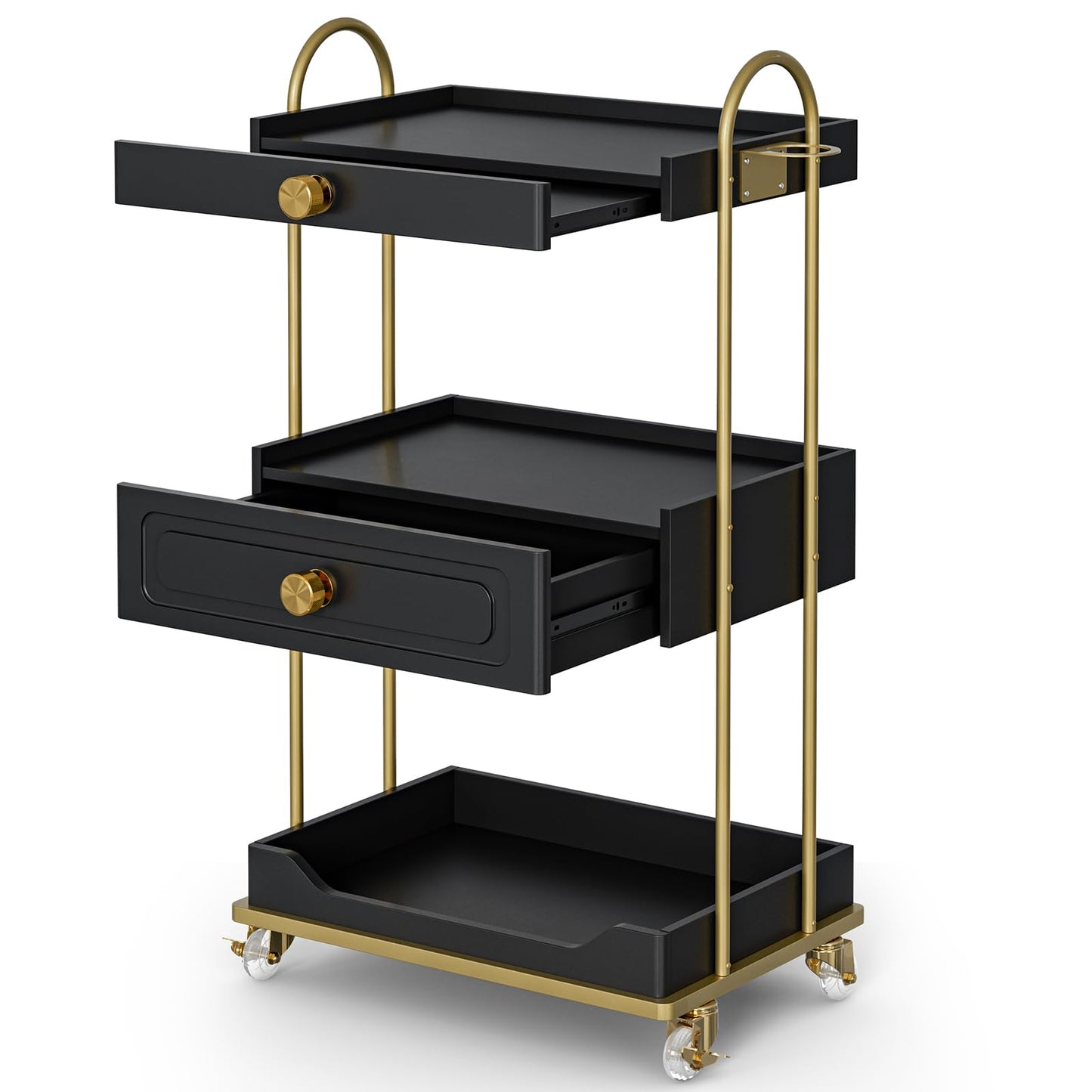 TTGIEET Barber Salon Trolley Cart w/Lockable Wheels, 3-Tier Rolling Beauty Cart with 2 Drawers & Dryer Holder, Mobile Beauty Trolley for Beauty Spa Barbershop(Black)