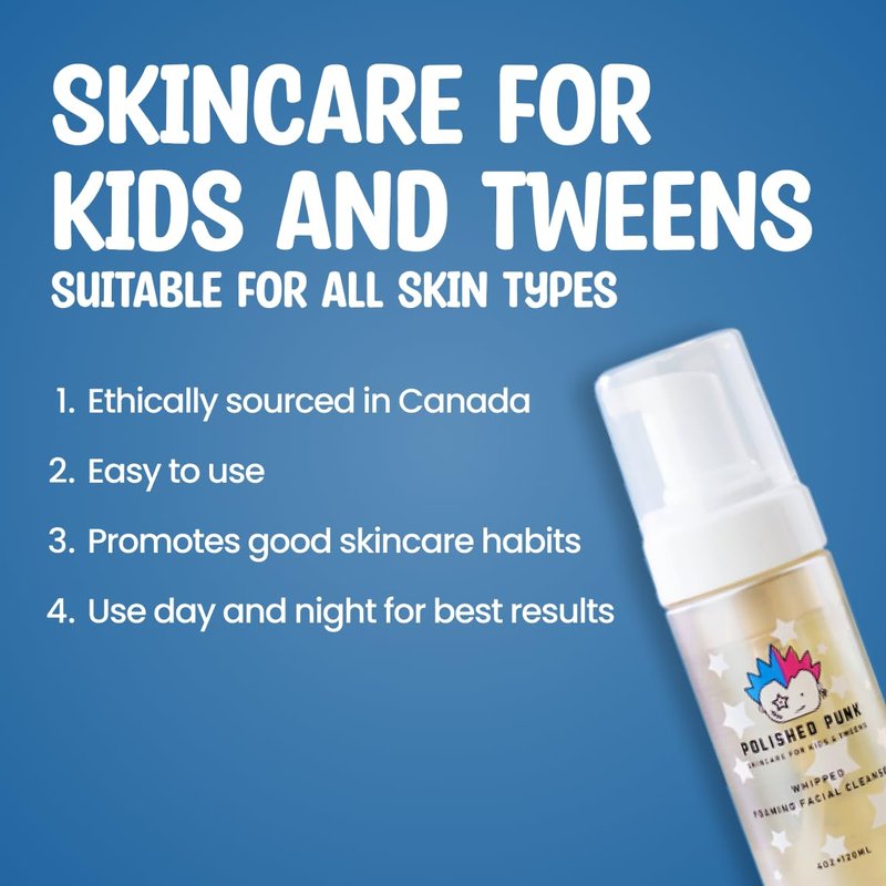 Polished Punk Natural and Organic Foaming Face Wash for Kids and Tweens, Soap and Fragrance Free Tear-Free Cleanser for Sensitive Skin with Botanical Extracts, Aloe, and Glycerin, 4 oz