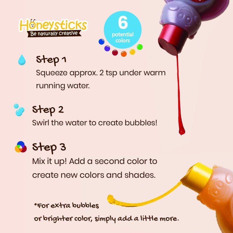 Honeysticks Kids Bubble Bath 3 Pk (Blue, Red, Yellow): Non-Toxic, Plant Based, Non Irritating - Changes Water Color and Creates Super Foaming Bath Bubbles - Safe for Toddlers 1-3, Kids 4-8, Bath Toys