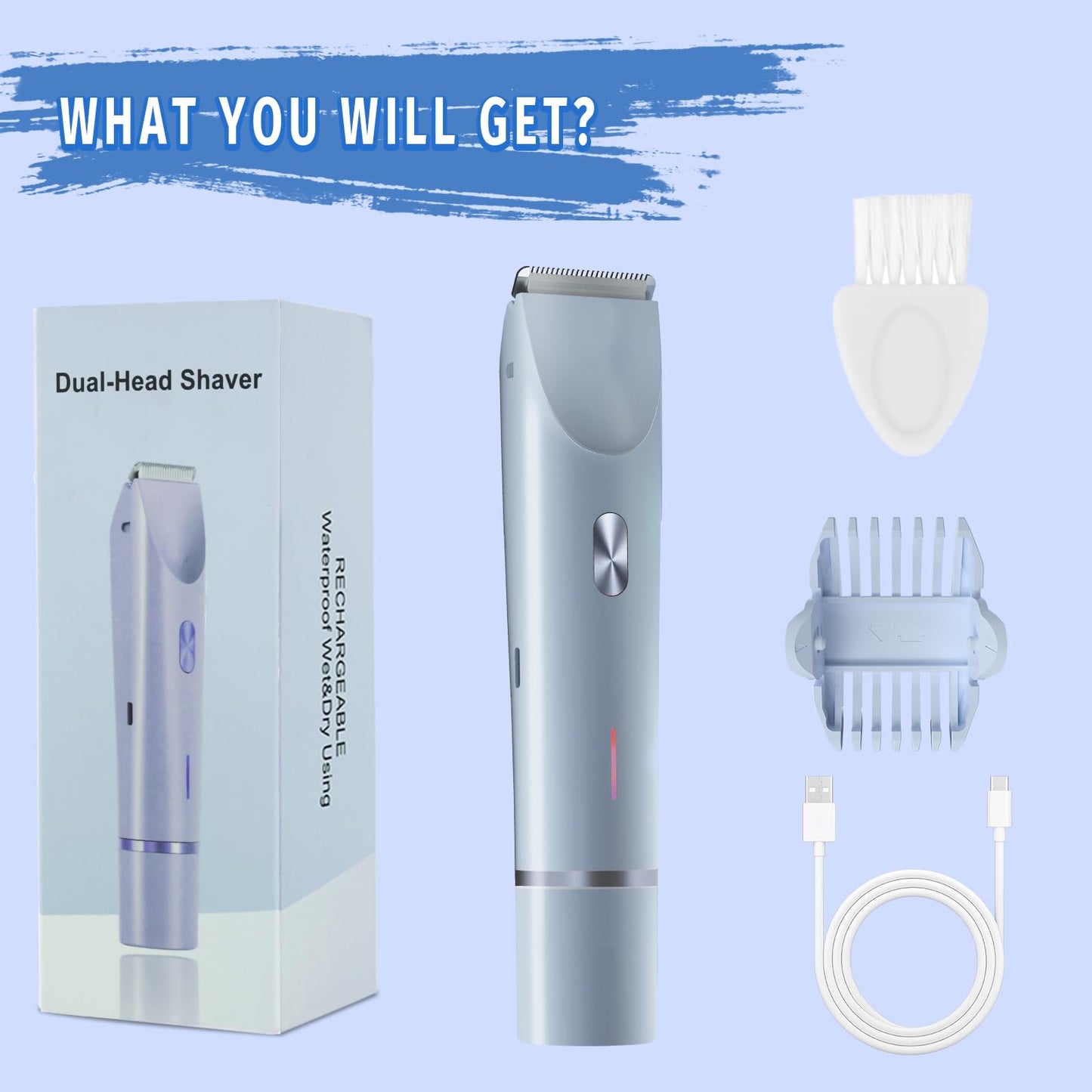 Bikini Trimmer for Women, 2 in 1 Electric Razor & Bikini Shaver for Womens IPX7 Waterproof Body Hair Trimmer and Facial Hair Remover,Blue